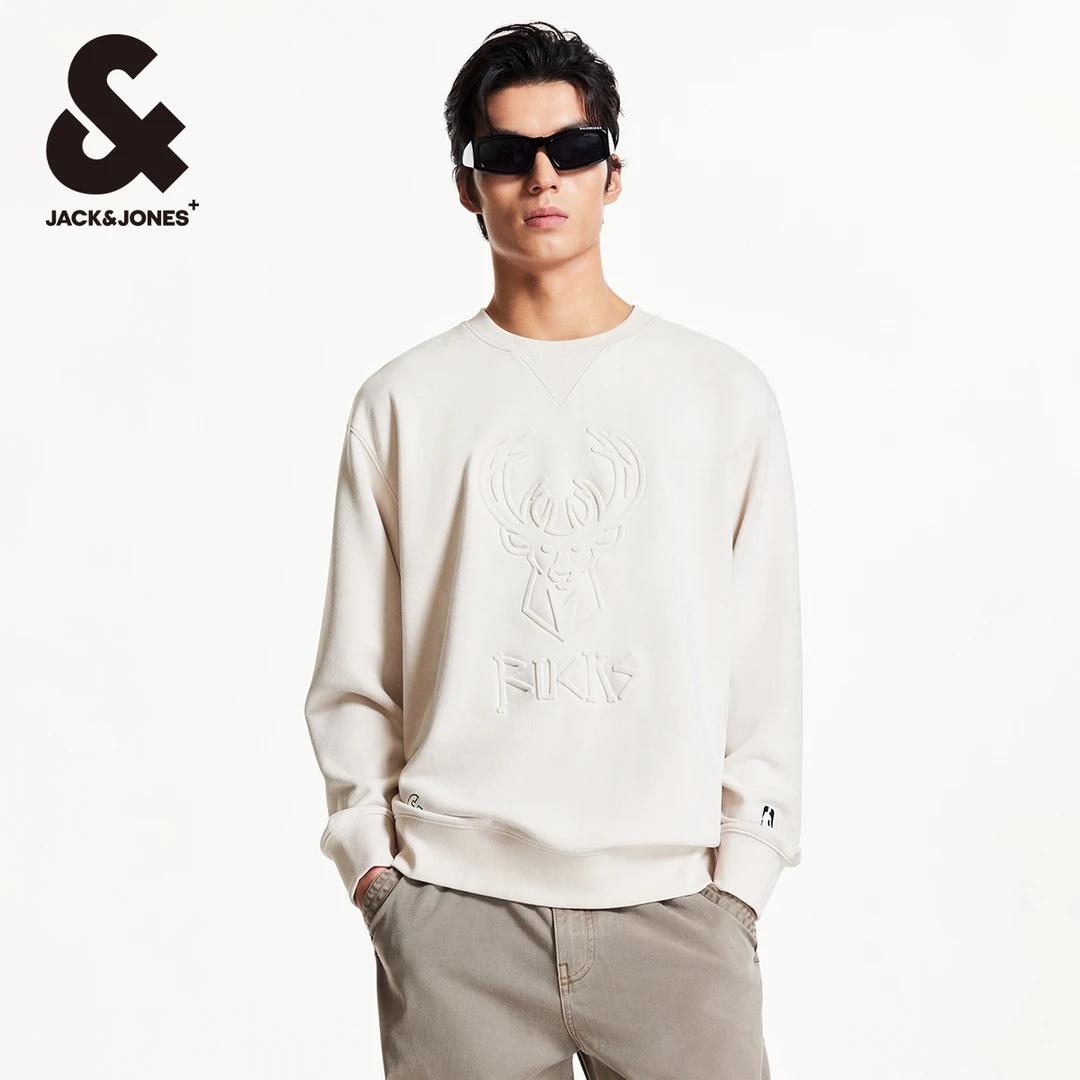 杰克琼斯卫衣男款秋季NBA联名雄鹿队圆领刺绣宽松百搭高级感男装