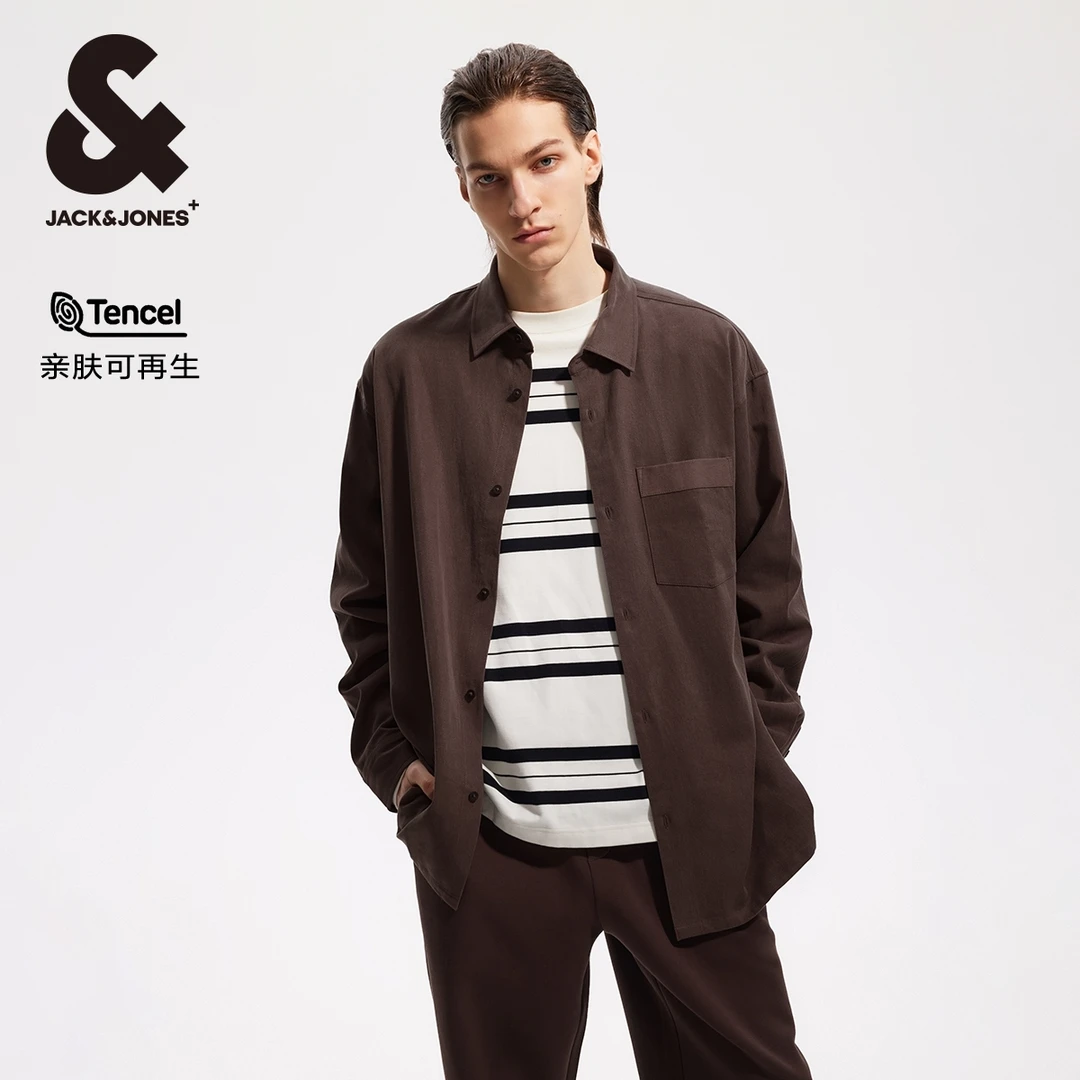 杰克琼斯秋季新款男士长袖衬衫翻领宽松简约亲肤舒适质感衬衣男装