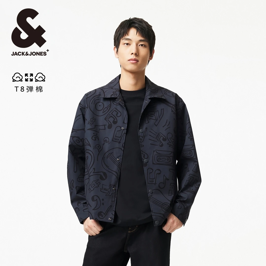 杰克琼斯春新款男士翻领教练夹克外套潮流宽松休闲满印高级感男装
