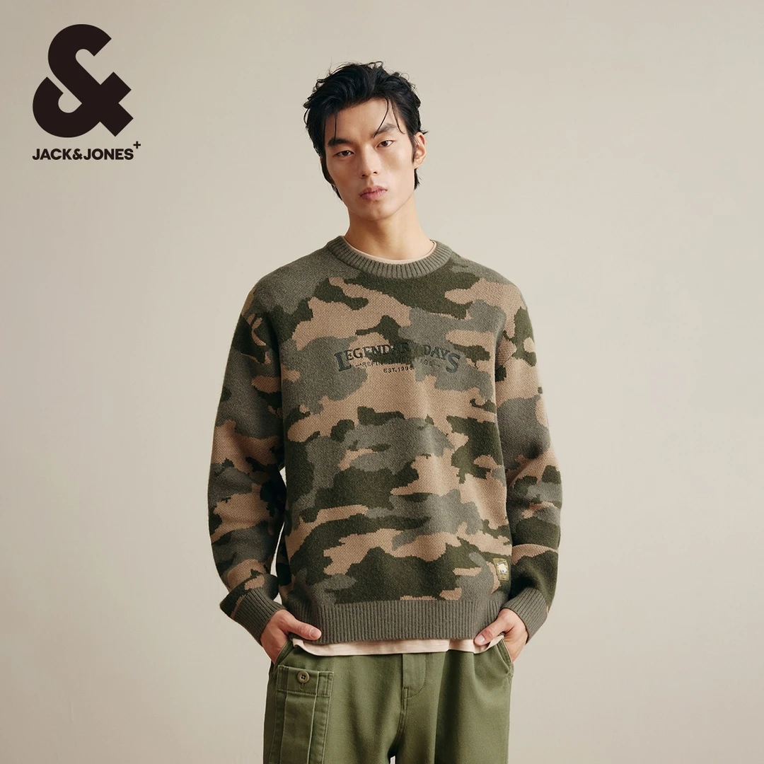 杰克琼斯男装秋冬款男士毛衣针织衫迷彩花纹织花复古高级宽松圆领