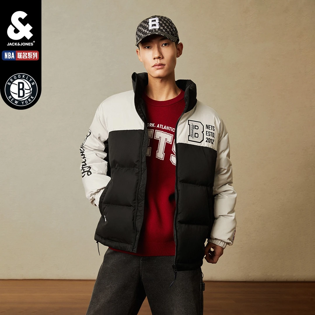 杰克琼斯冬季新款男士NBA联名蓝网队潮流美式拼接保暖羽绒服外套