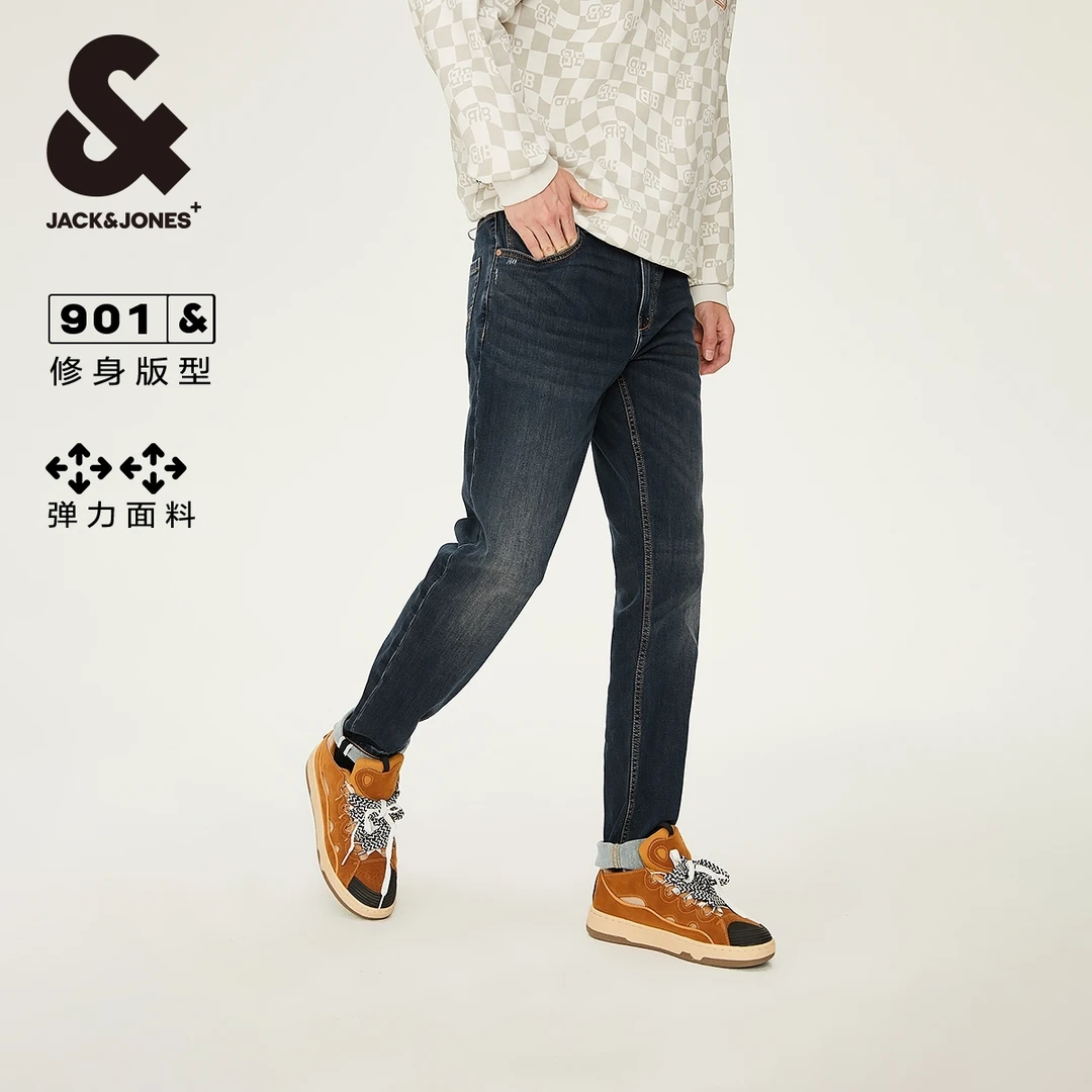 杰克琼斯秋季男款裤子保暖面料时尚潮水洗猫须弹力修身牛仔裤男装