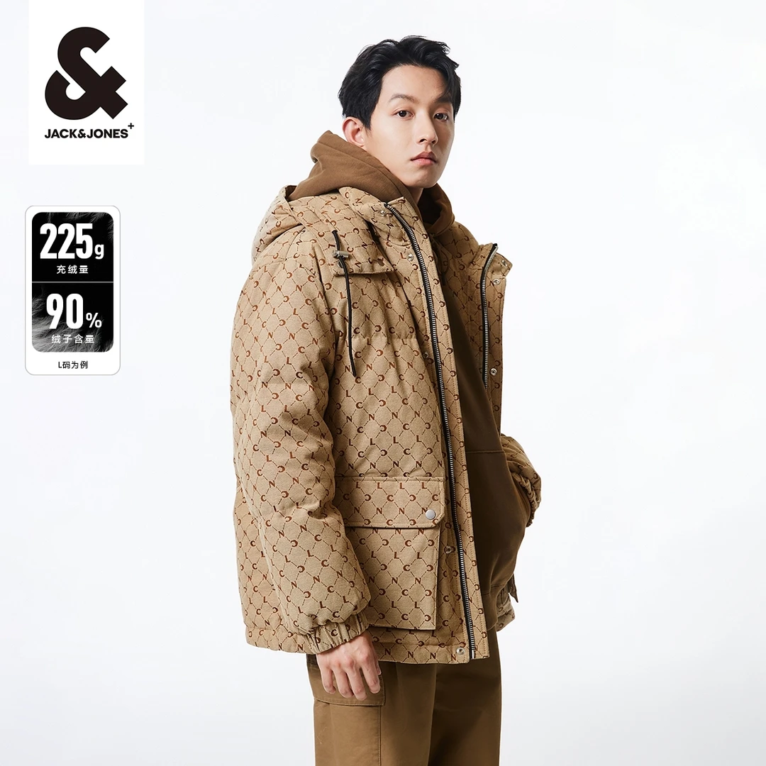 杰克琼斯冬季新款男士保暖潮流连帽老花防风工装面包服羽绒服外套