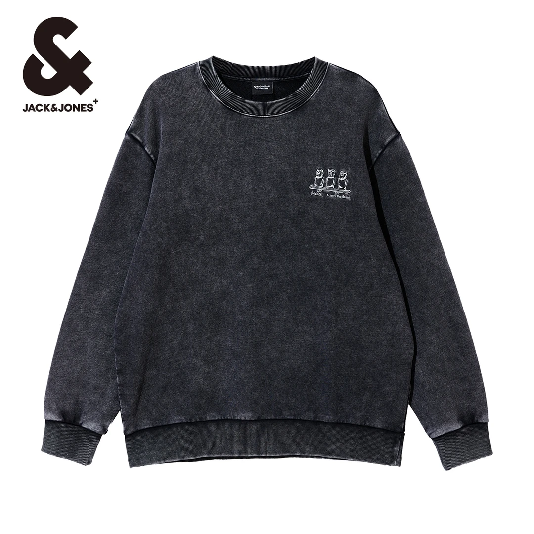 杰克琼斯卫衣男款秋季新款潮流宽松圆领水洗印花刺绣上衣全棉男装