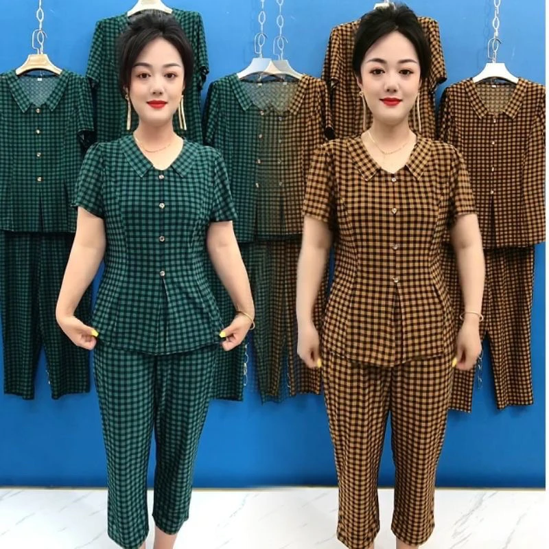 2024洋气格子套装娃娃领纽扣半袖夏季新款时尚百搭妈妈装两件套裤