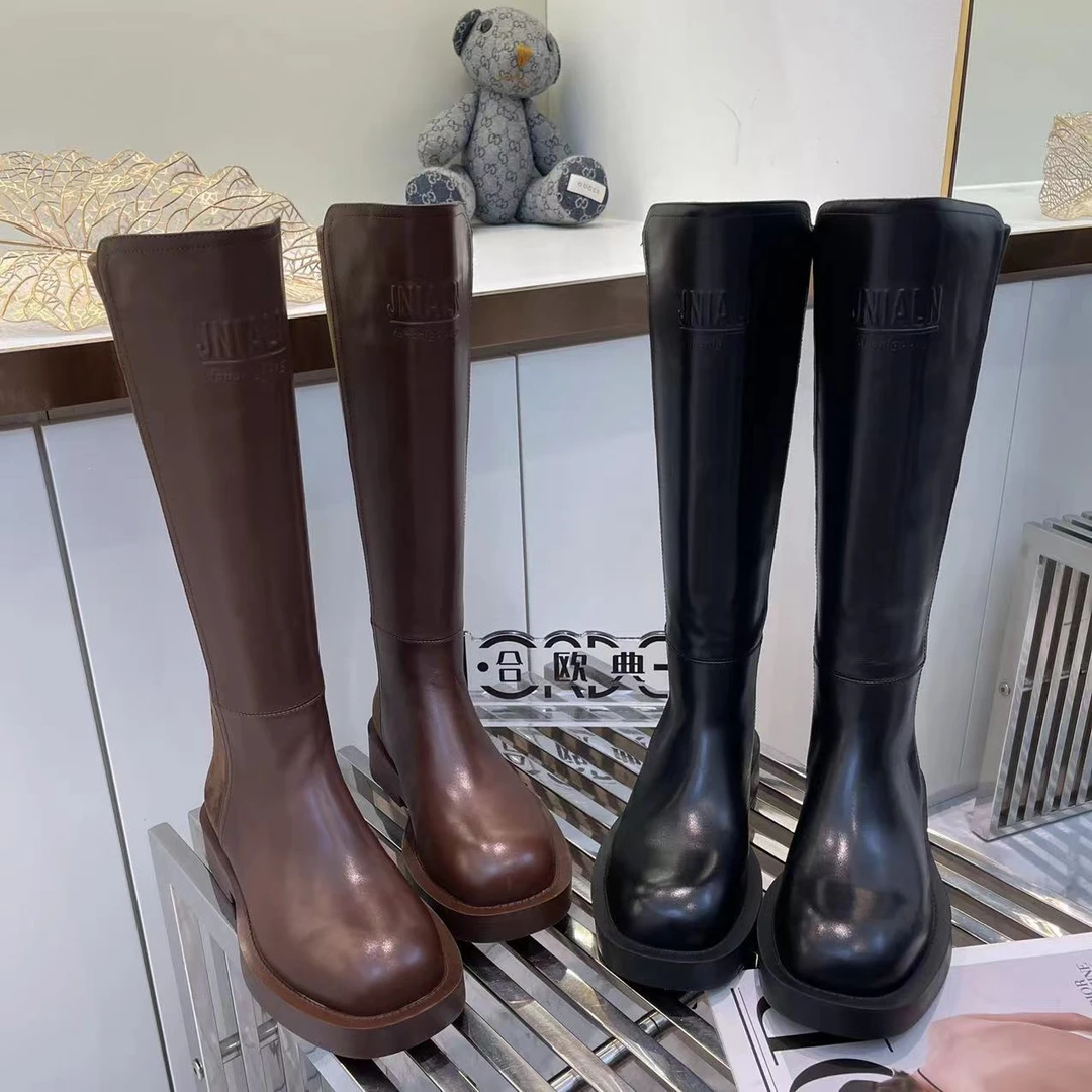 [大韩韩]秋季新品8801-3牛皮圆头气质百搭舒适洋气质感长筒靴