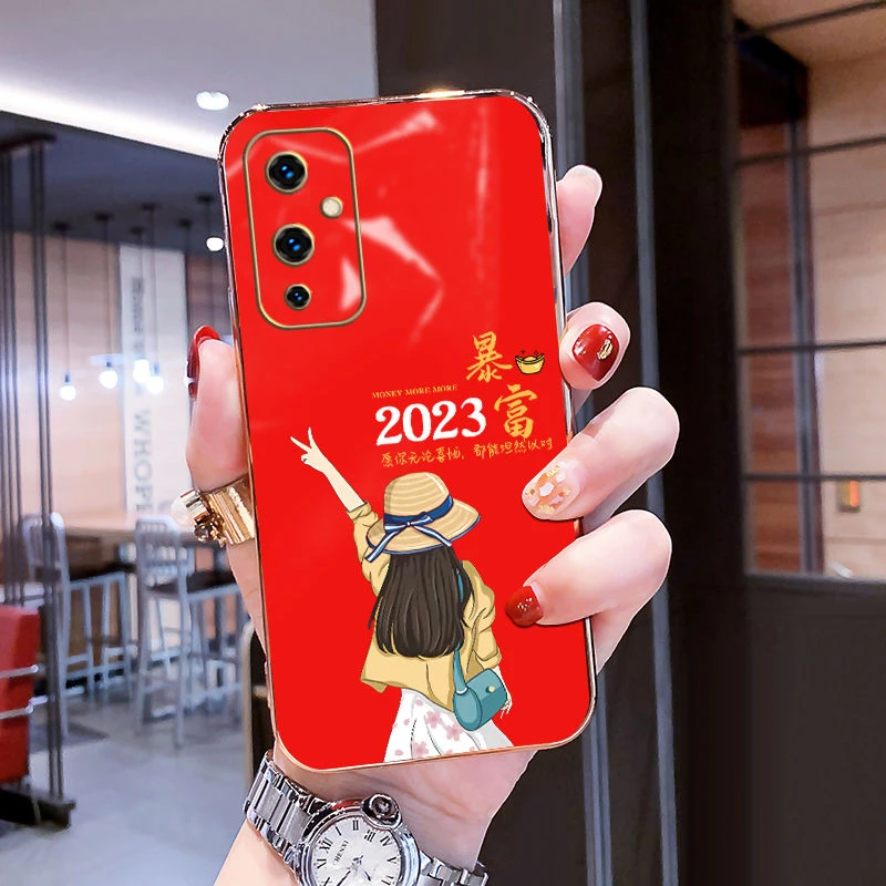 一加9手机壳9RT保护套9PRO电镀奢华直边镜头防摔软暴富好运女孩