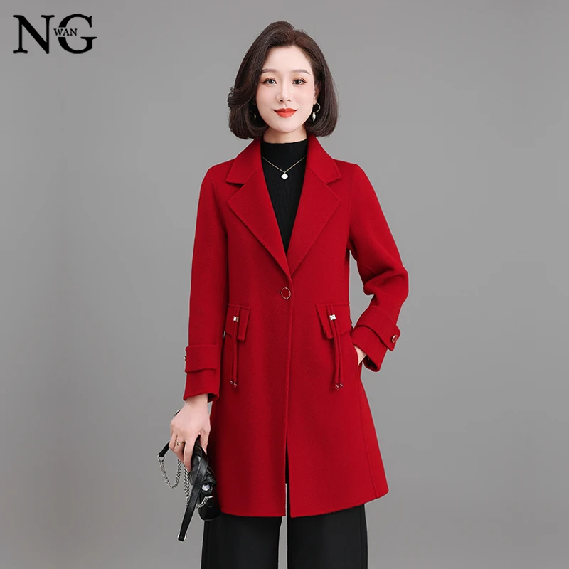 凝望【100%绵羊毛】秋冬季气质妈妈装毛呢外套中年呢子双面呢大衣女