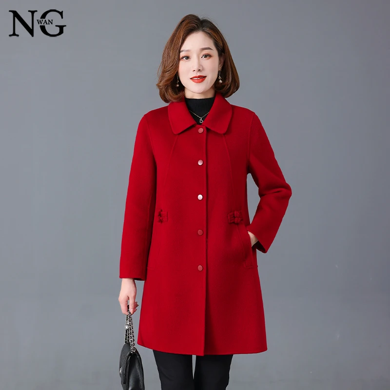 凝望【100%绵羊毛】妈妈双面呢外套中长款秋冬中年女装羊毛呢子大衣