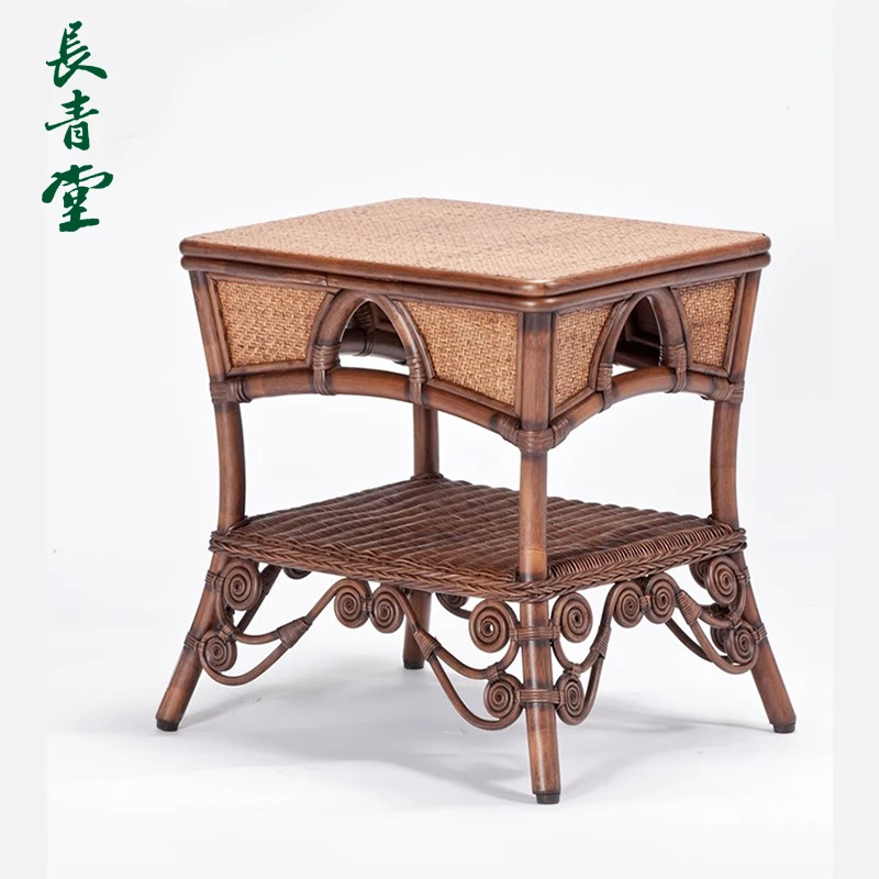 长青堂藤编中式茶几阳台家用简约小茶桌中古创意客厅会客喝茶桌子