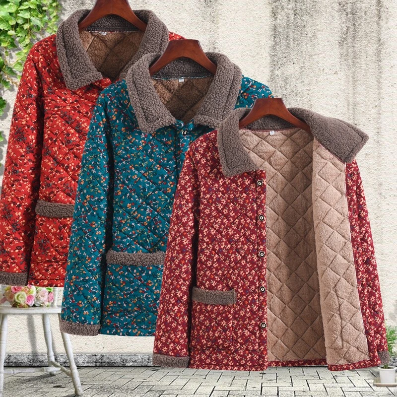 棉服妈妈装50-60岁秋冬新款加绒加厚棉袄中老年大码碎花保暖棉衣