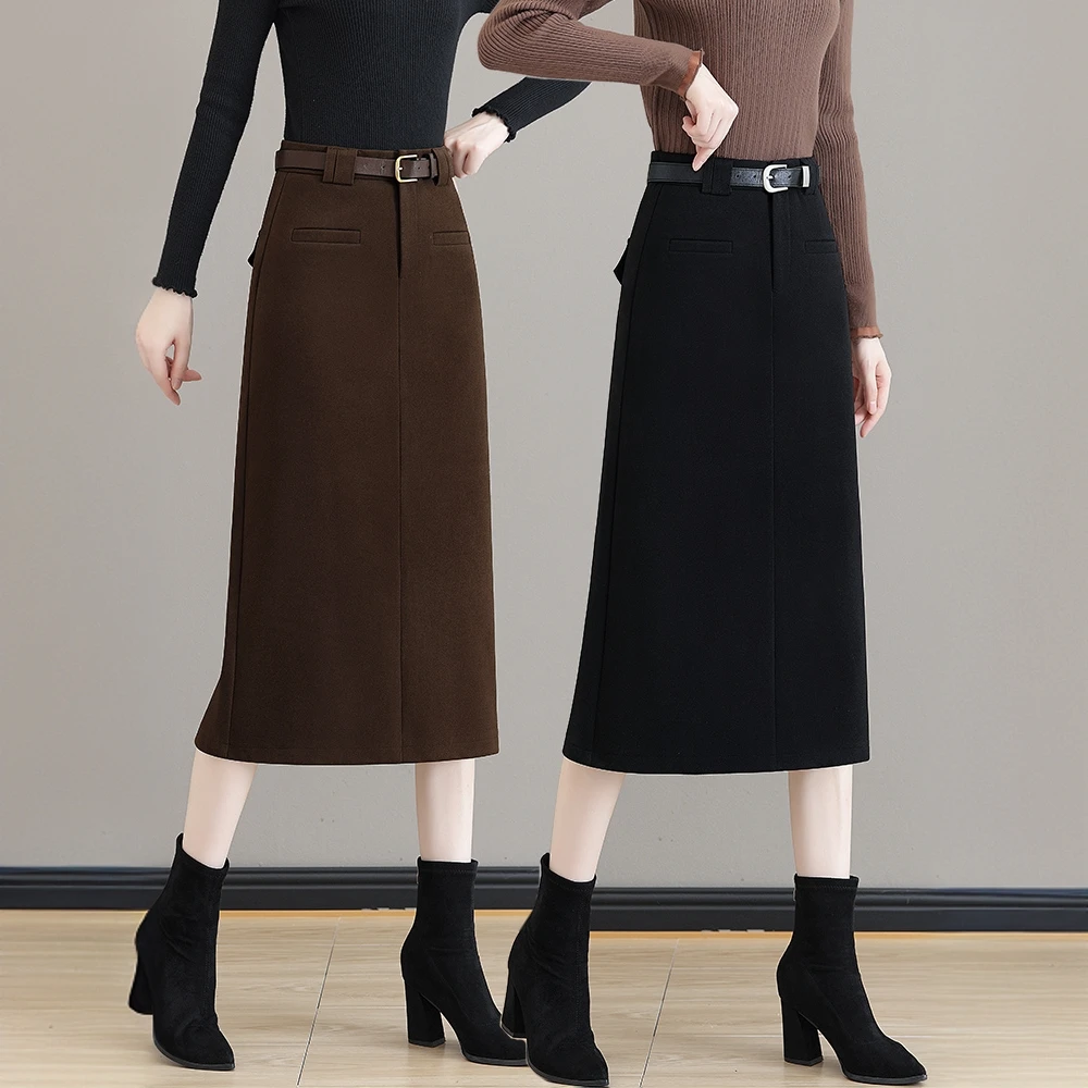 毛呢半身裙女中长款2025秋冬季新款高腰一步包臀裙百搭开叉直筒裙