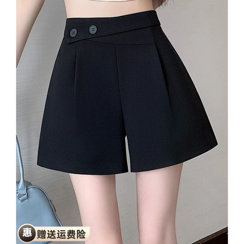 黑色高腰冰丝显瘦短裤女夏季2025年新款流行宽松阔腿休闲五分裤子