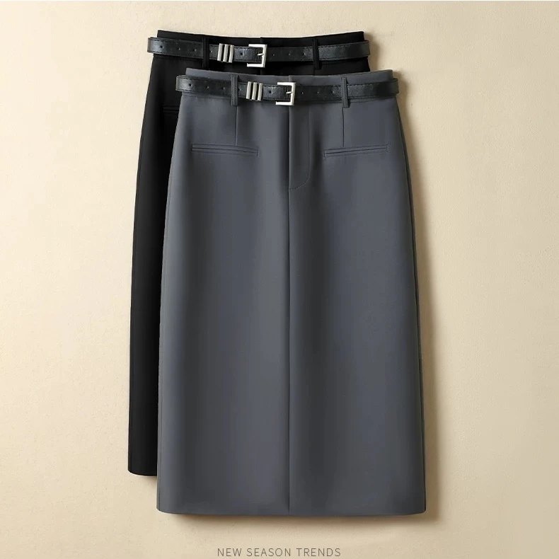 灰色西装半身裙女春秋高腰新款2025百搭时尚包臀裙开叉显瘦直筒裙