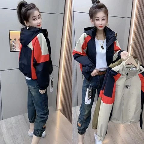 2024秋季新款夹棉外套女休闲连帽外套冲锋衣女小个子拼色百搭上衣