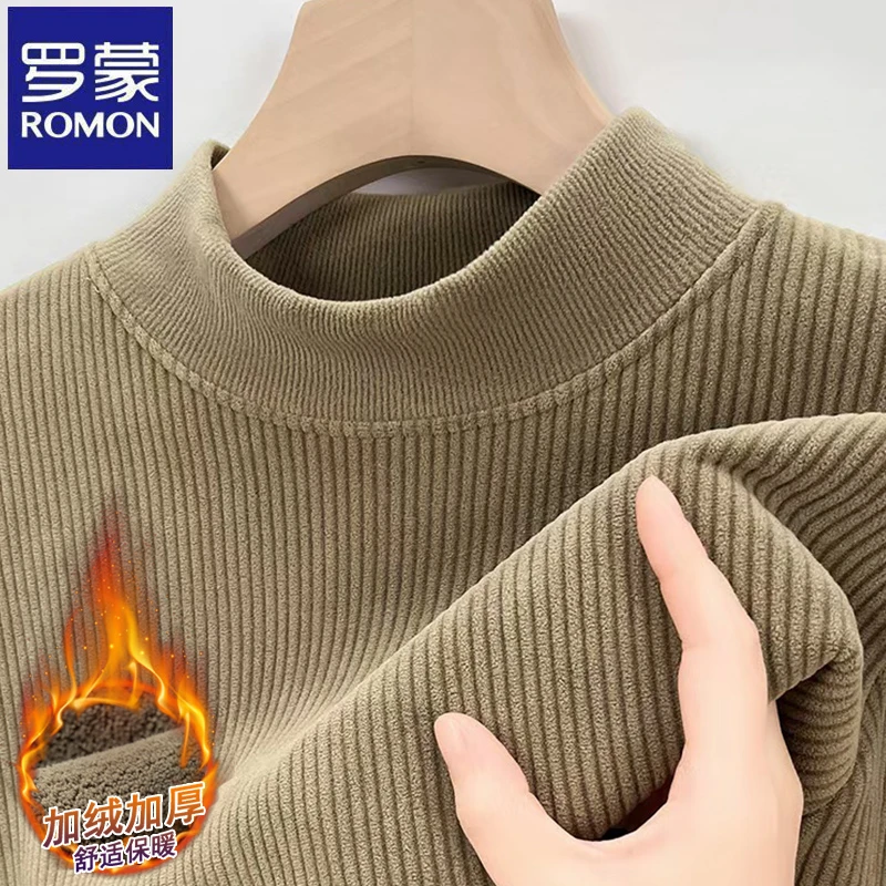 罗蒙男士加绒加厚半高领卫衣秋冬季高档商务纯色双面奥粒绒打底衫