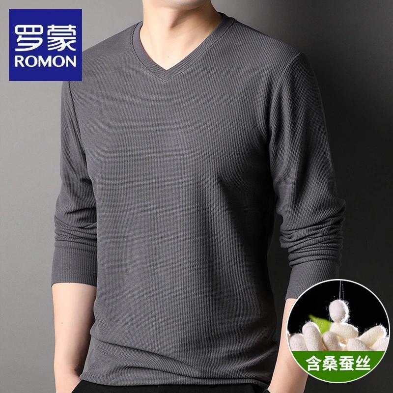 【含桑蚕丝】罗蒙春秋季休闲男士体恤V领长袖宽松纯色薄款潮流T恤衫