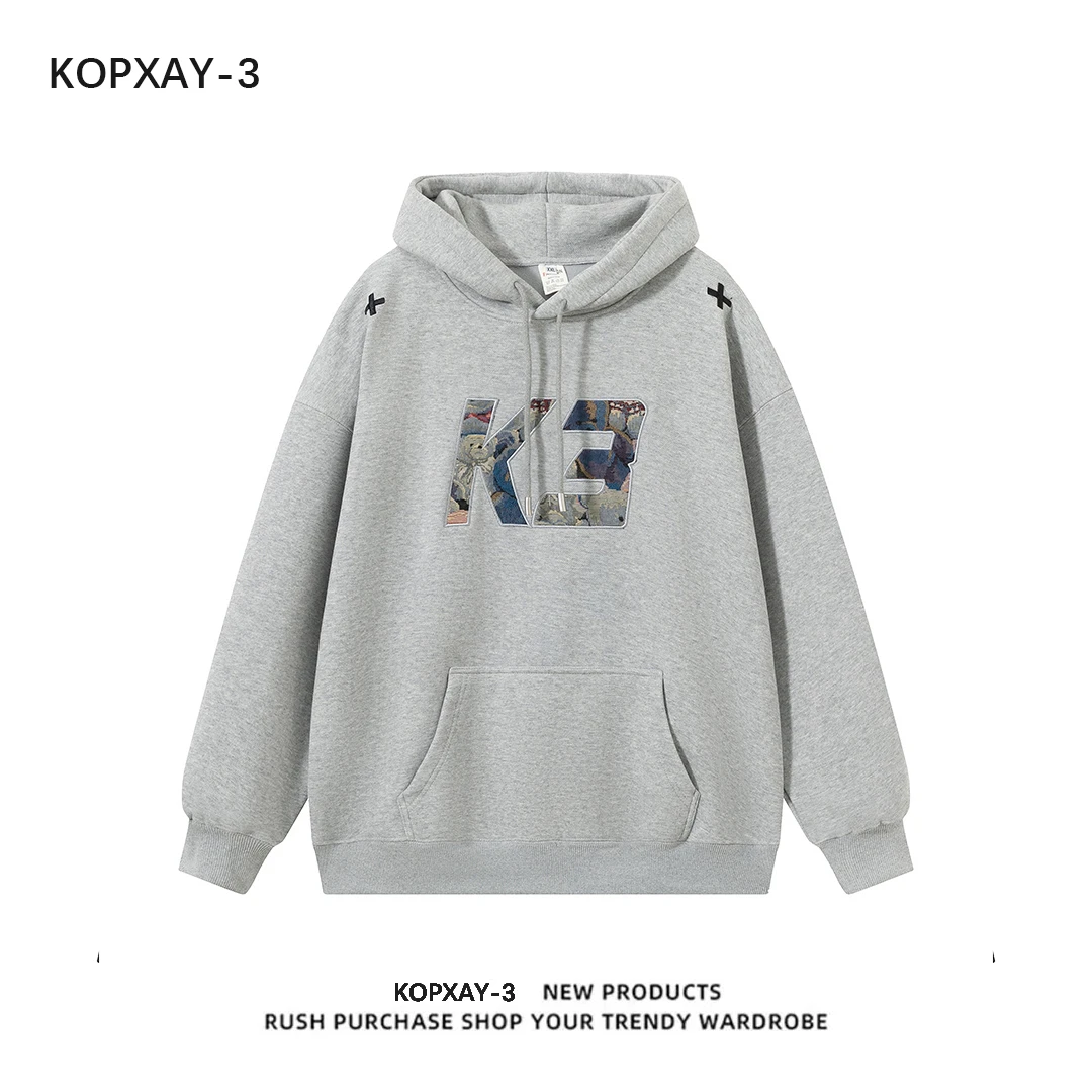 KOPXAY-3潮牌秋冬款重工艺刺绣美式重磅连帽卫衣男高级感上衣外套