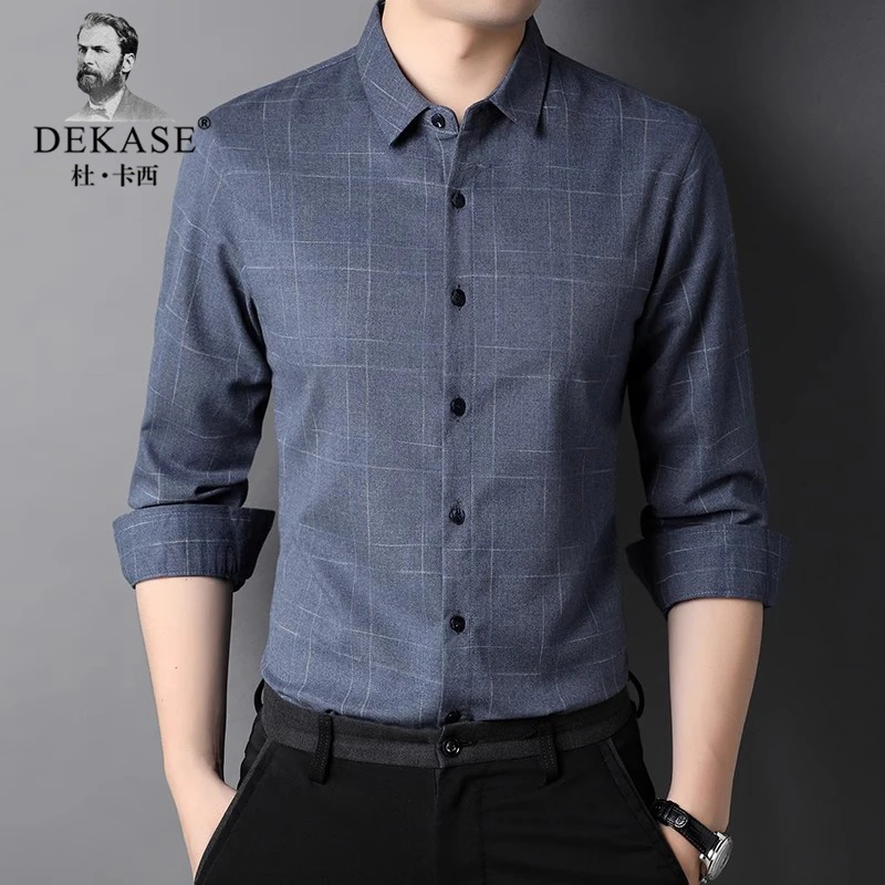 Dekase2025春秋季新款格子衬衣男士中年商务休闲垂顺免烫长袖衬衫