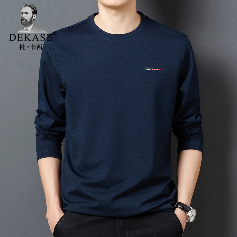 Dekase百搭男士纯棉长袖T恤圆领印花上衣服中年休闲体恤打底衫