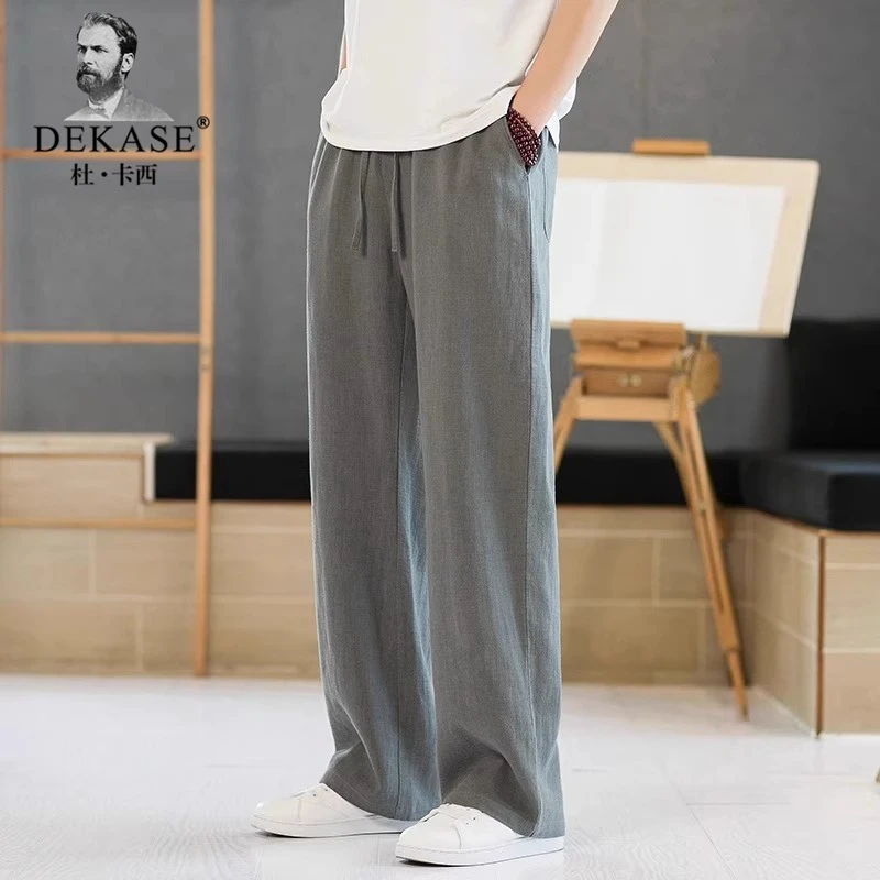Dekase 潮流亚麻裤男夏季薄款宽松直筒裤男款垂感男士休闲长裤男
