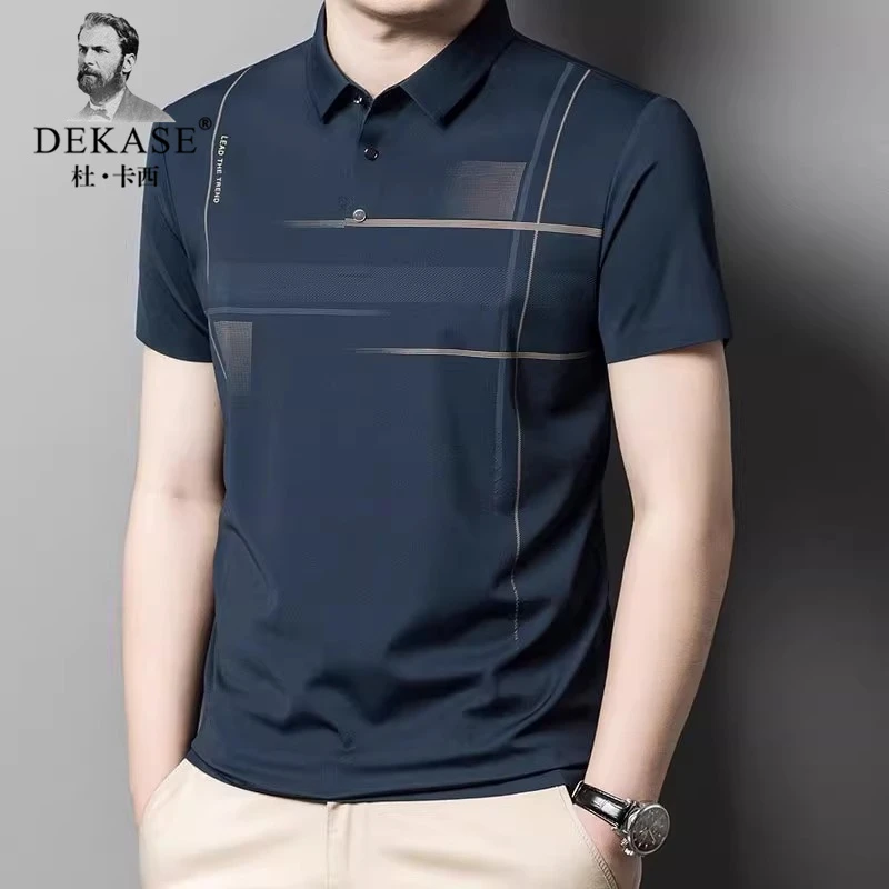 Dekase 新款POLO衫夏季男冰丝短袖条纹商务休闲中年薄款无痕上衣