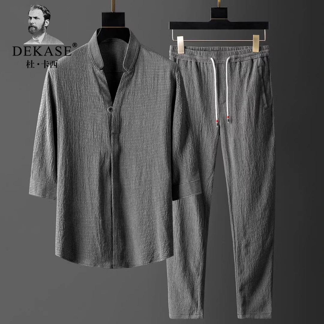 Dekase 潮流复古休闲套装男士中年夏季薄款宽松大码五分袖两件套
