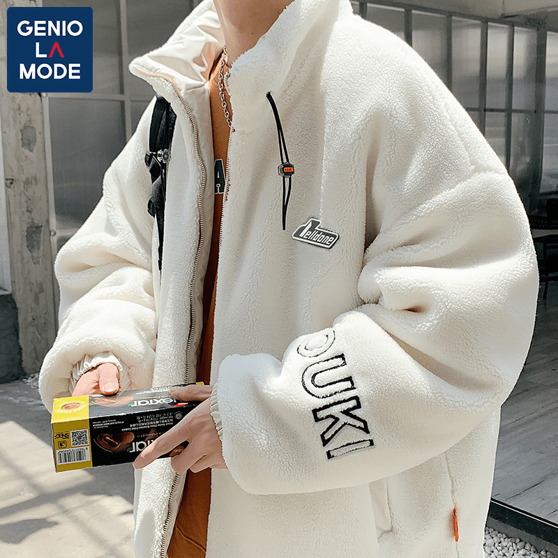 GENIOLAMODE冬季羊羔绒刺绣棉衣男女oversize宽松加绒潮棉服外套