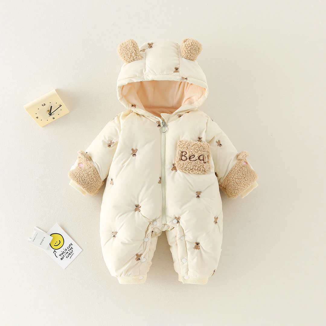 达人冬季新款婴幼儿棉服连体衣小熊刺绣冬季加棉加厚哈衣爬服婴儿