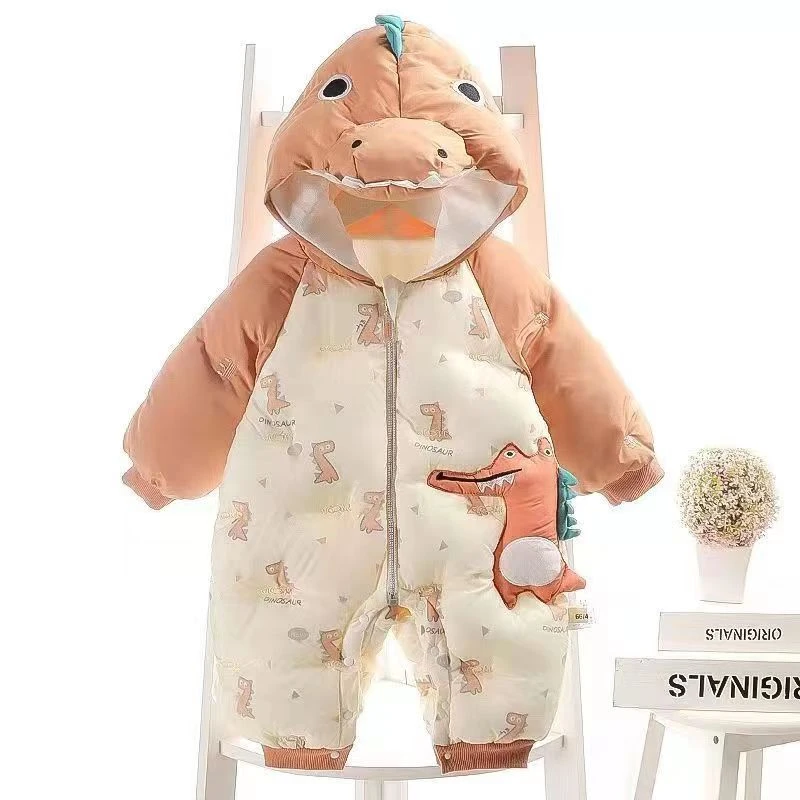 冬季宝宝连帽加绒婴儿连体衣可爱卡通加厚恐龙外出服婴儿爬服