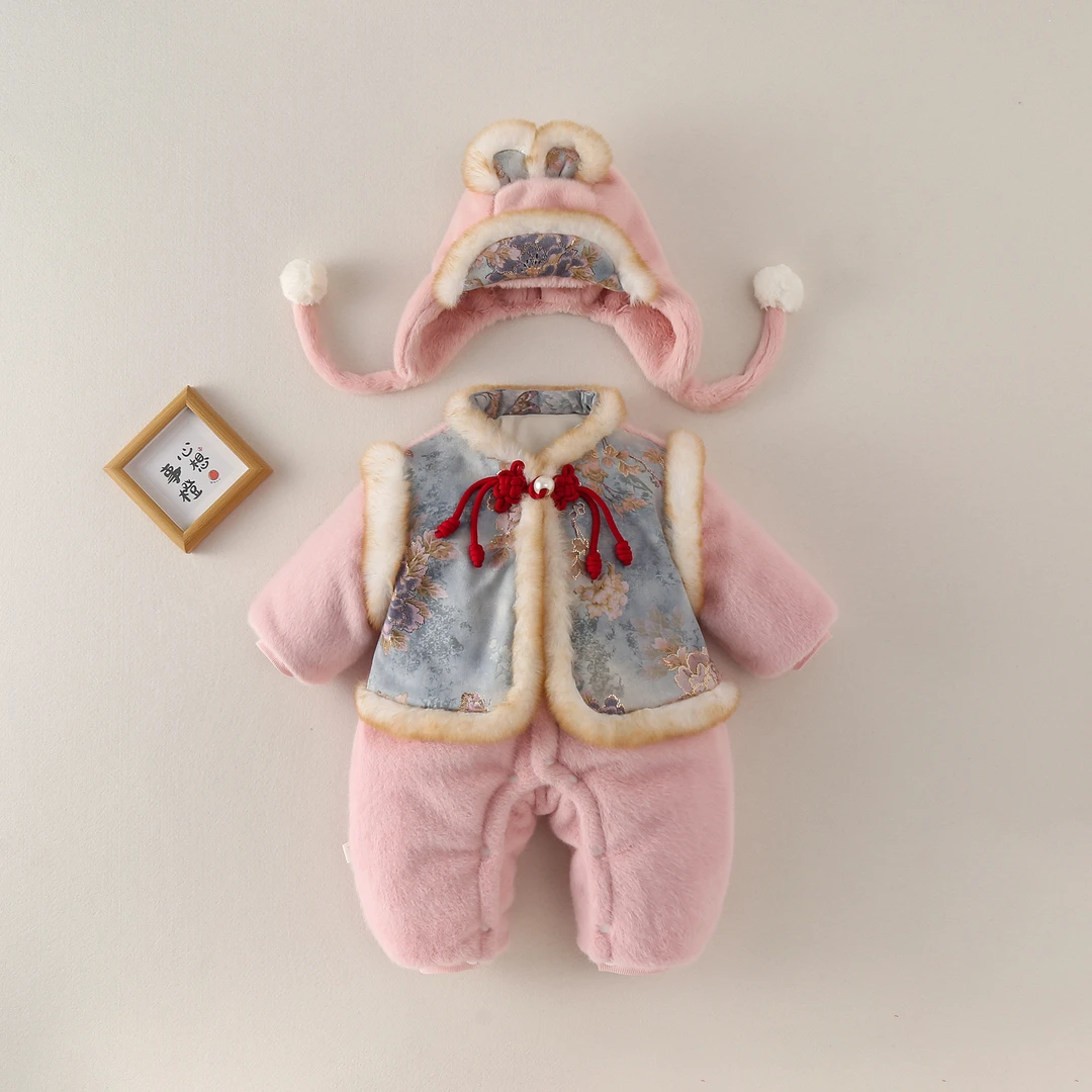 婴儿冬装礼服连体衣女宝宝中式国风哈衣新生儿百天周岁宴