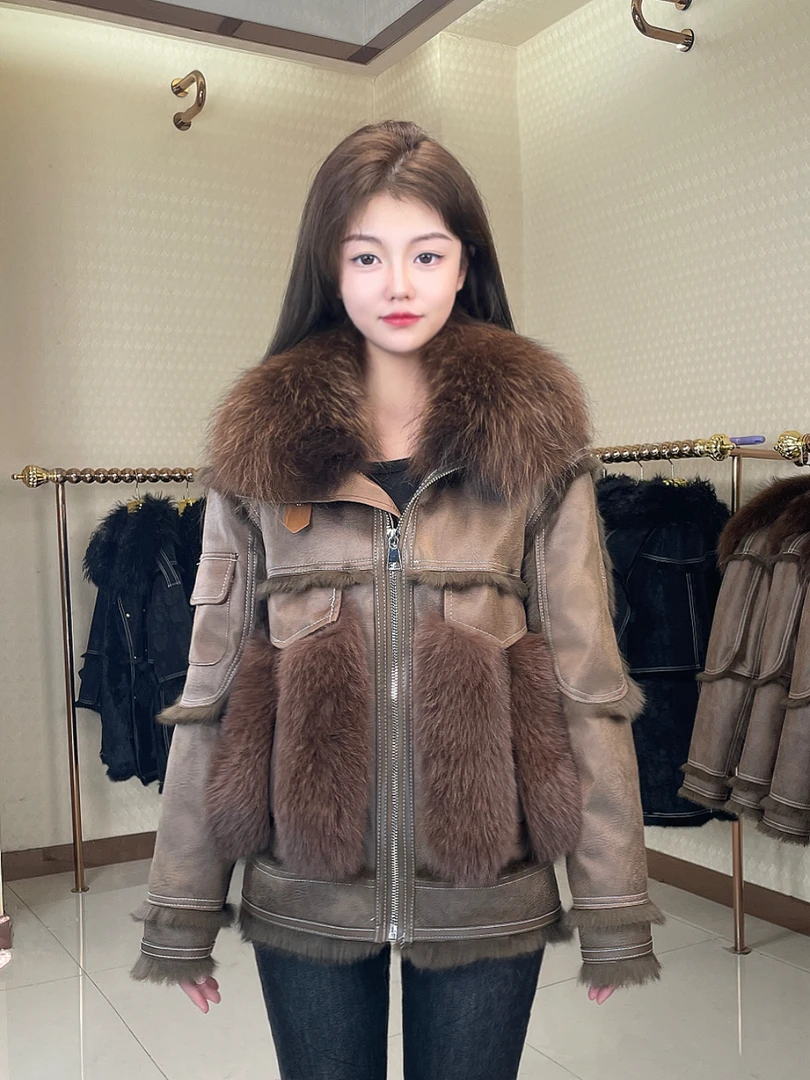 海宁新款雪兔皮毛一体真毛貉子毛领女款冬季外套短款修身显瘦保暖