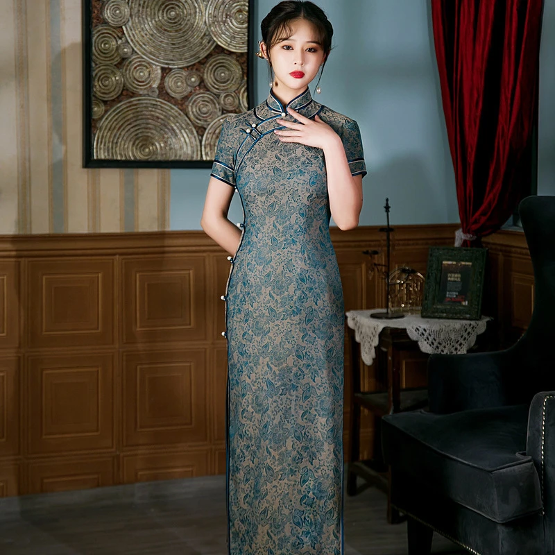 双木兰改良女士日常宽边提花长款旗袍2023春夏新款短袖旗袍裙