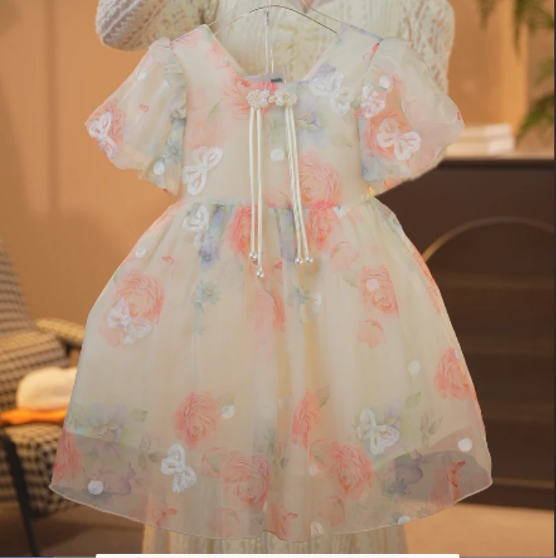 现货 女童夏季新款公主纱裙夏款公主裙洋气甜美碎花连衣裙X24053