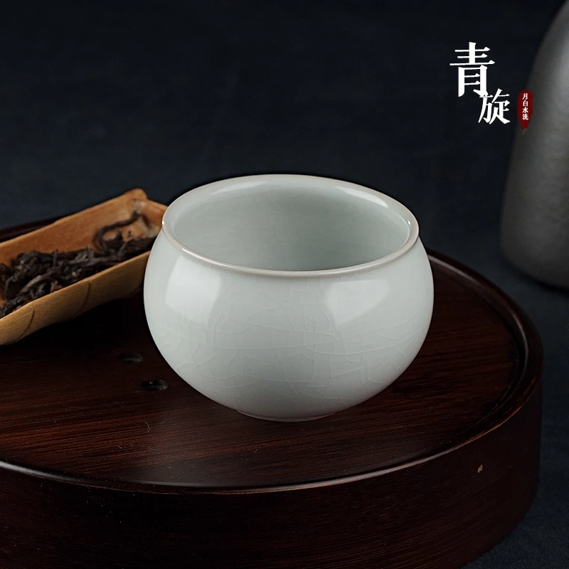 汝瓷月白茶洗 主人杯原矿 天青手工功夫茶具茶杯陶瓷开片可养汝窑