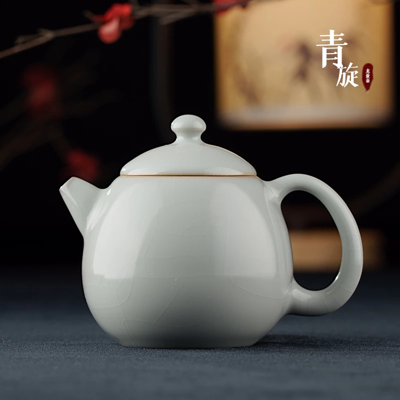 汝瓷月白龙蛋壶手工原矿功夫茶具泡茶家用办公室茶壶可养开片汝窑