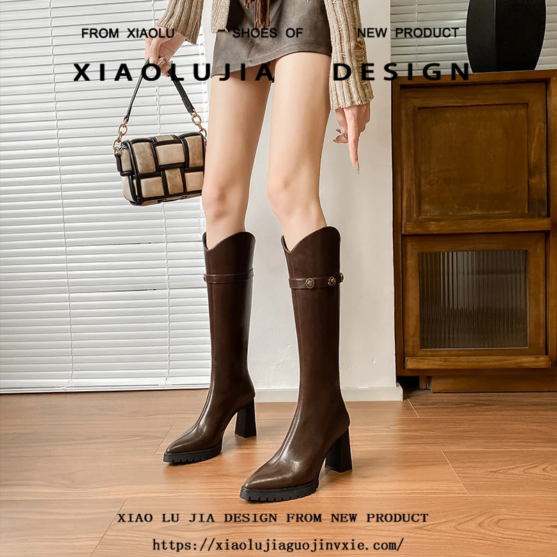 美拉德ol长筒靴厚底鞋子小个子长靴高跟鞋秋冬百搭尖头美拉德靴子