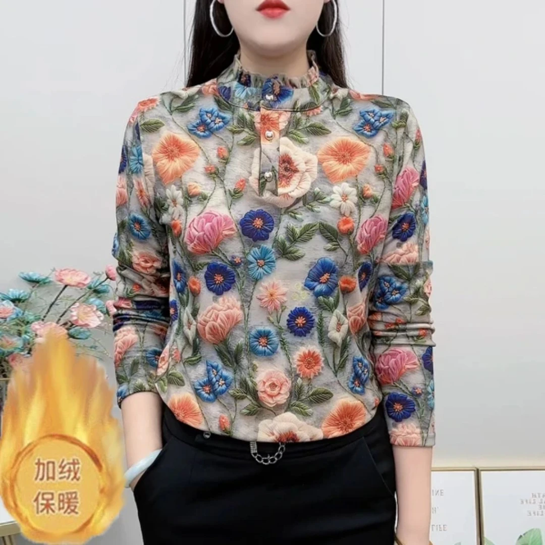 妈妈加绒打底衫中年女装加厚洋气碎花木耳领小衫