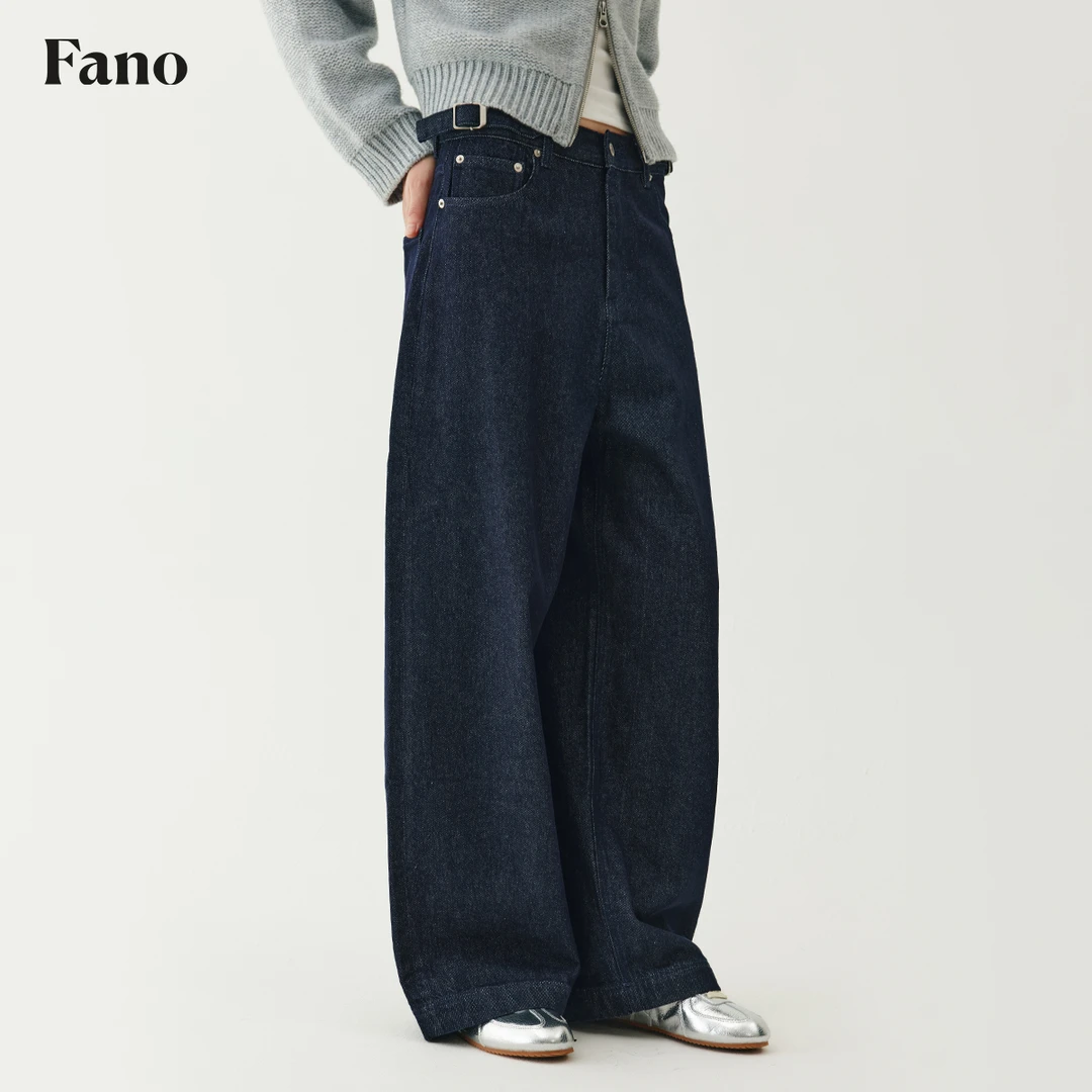 范洛 风慵懒简约“质感金属扣 茧型”复古深蓝牛仔裤FQ24K030推广