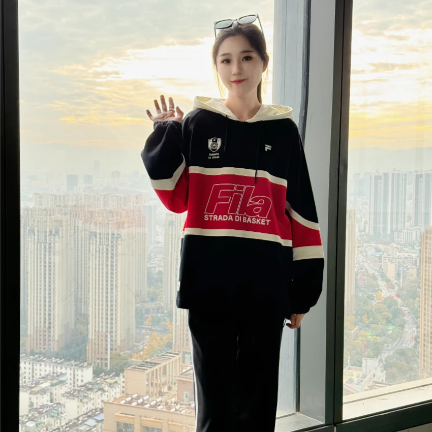 FILA斐乐潮牌正品女子连帽卫衣秋款宽松运动拼接休闲上衣反季热卖