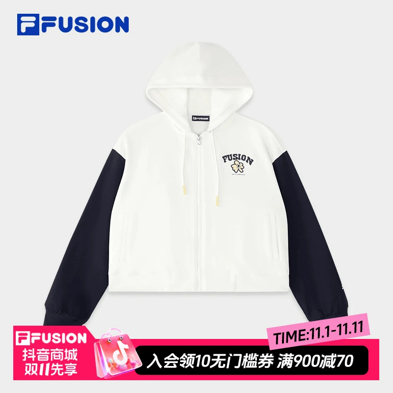 FILA斐乐黑白拼色连帽长袖外套女款夏季运动休闲上衣T11W432501F
