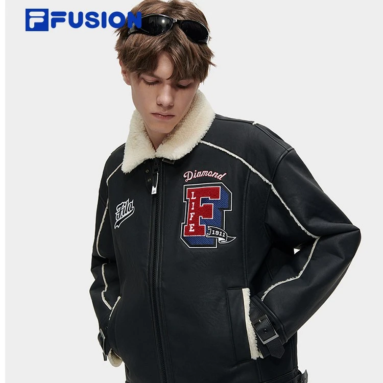 Fila/斐乐 潮流情侣皮衣外套翻领复古时尚百搭宽松外套T11M342702