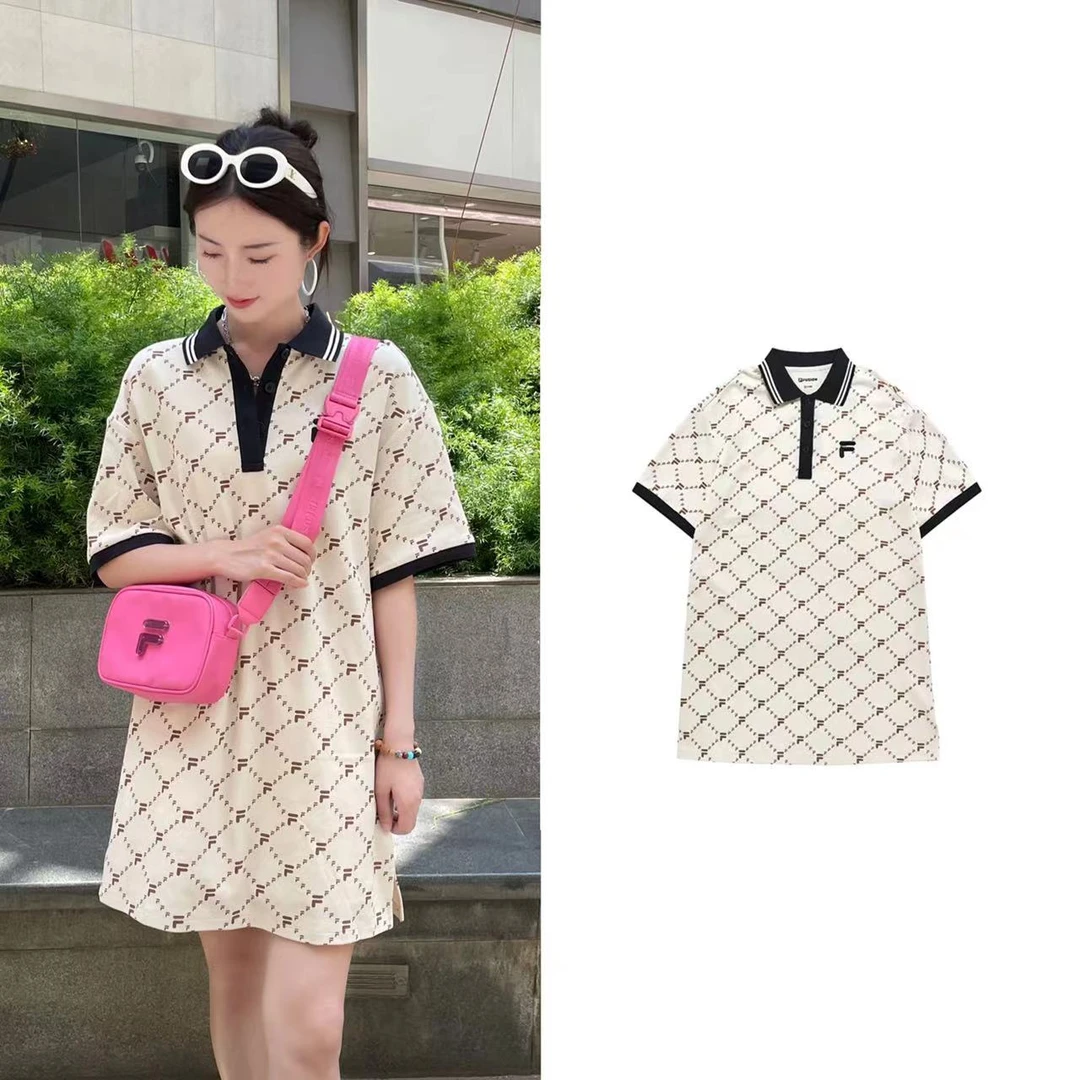 FILA FUSION女子满印时尚宽松气质POLO轻奢斐乐连衣裙 流光风