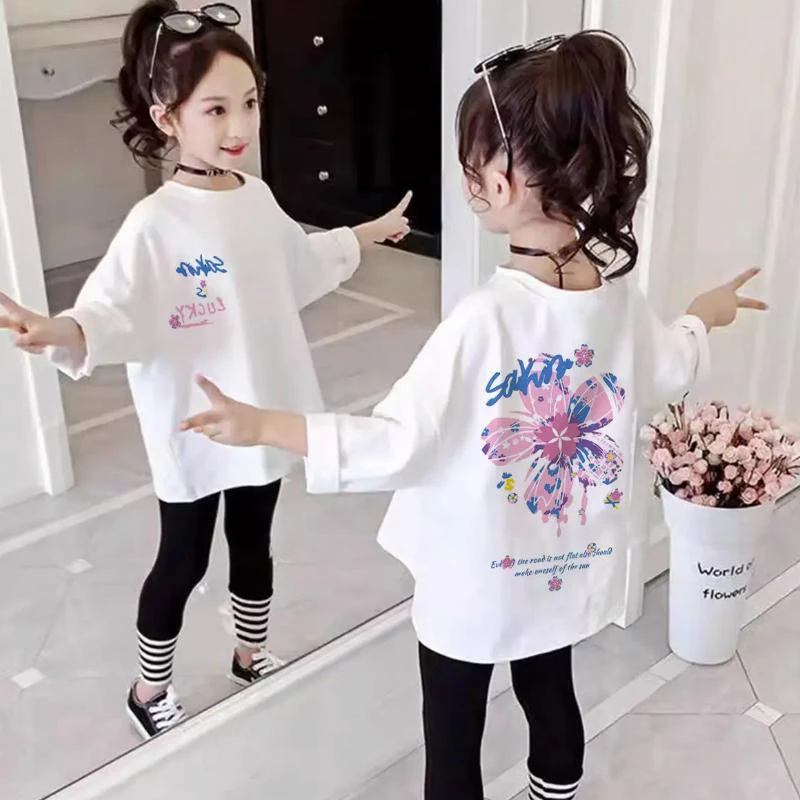 纯棉2024新款秋装女童长袖t恤童装洋气打底衫春秋中大童白色上衣
