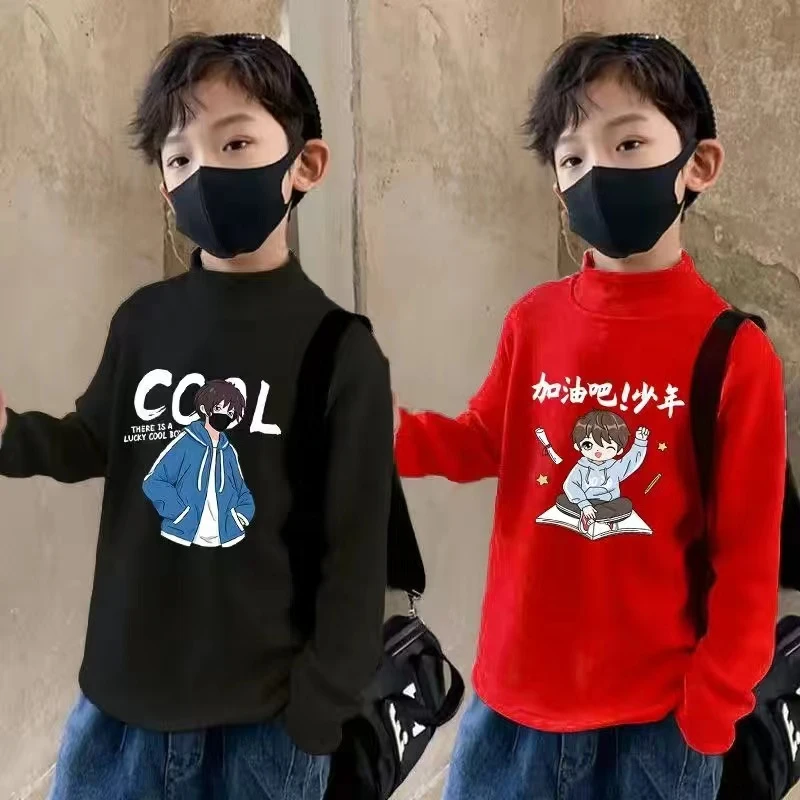 秋冬装男童女童德绒保暖打底衫儿童2024新款长袖T恤半高领上衣