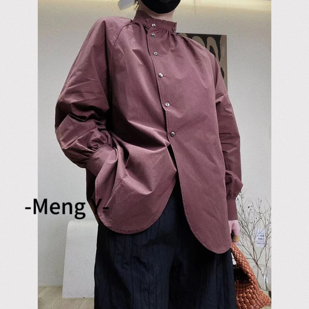 梦煜家【安初】春款新中式领口荷叶边不对称设计感纯色衬衫上衣