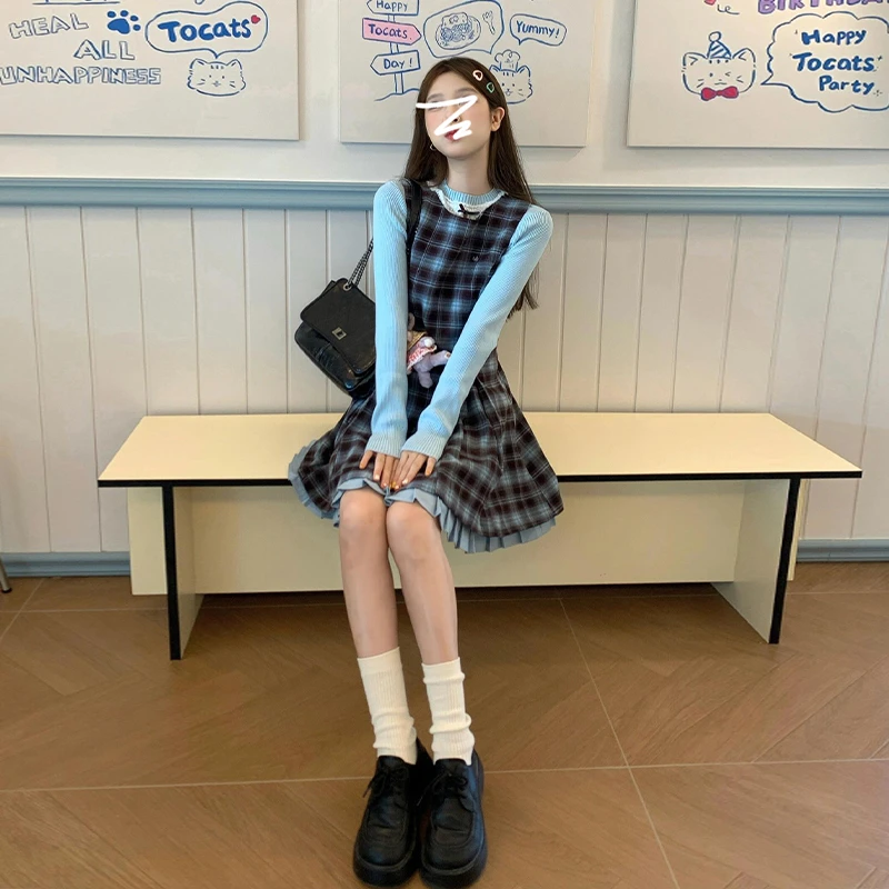 初秋新款女装套装穿搭一整套蝴蝶结针织毛衣格纹背心连衣裙两件套