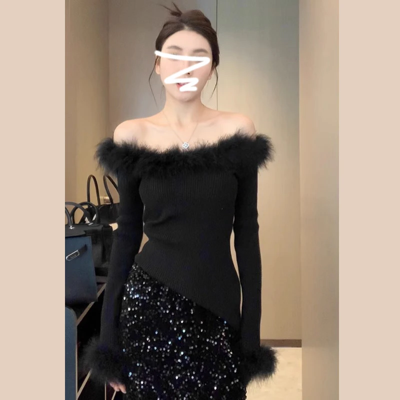 深秋初冬韩系穿搭黑色一字肩毛边针织衫女秋冬季修身露肩毛衣上衣