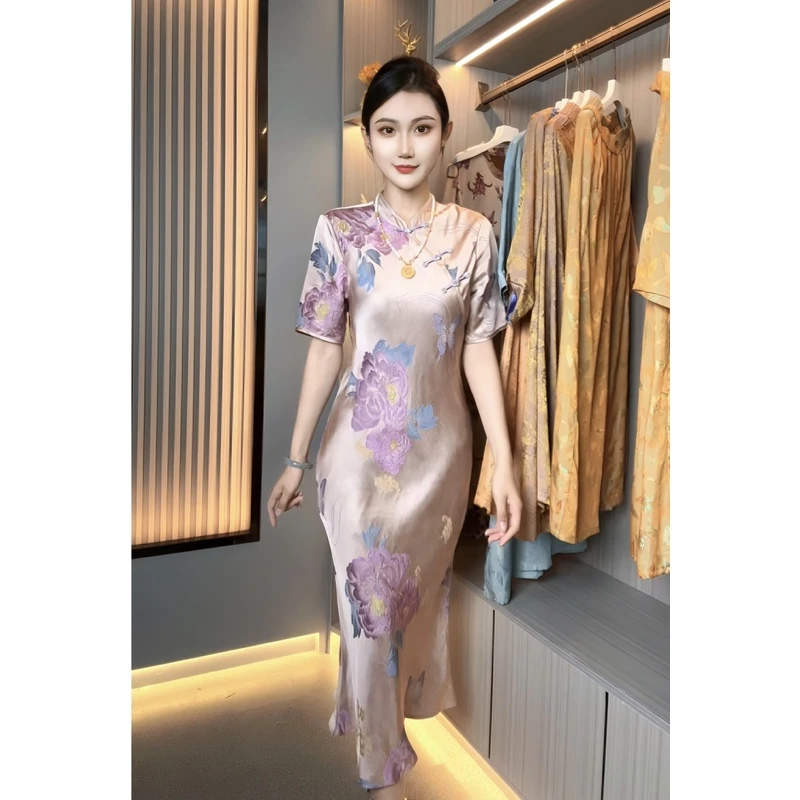 2214-【雍容】秋季新款女士气质新中式复古重磅国风斜裁显瘦鱼尾裙