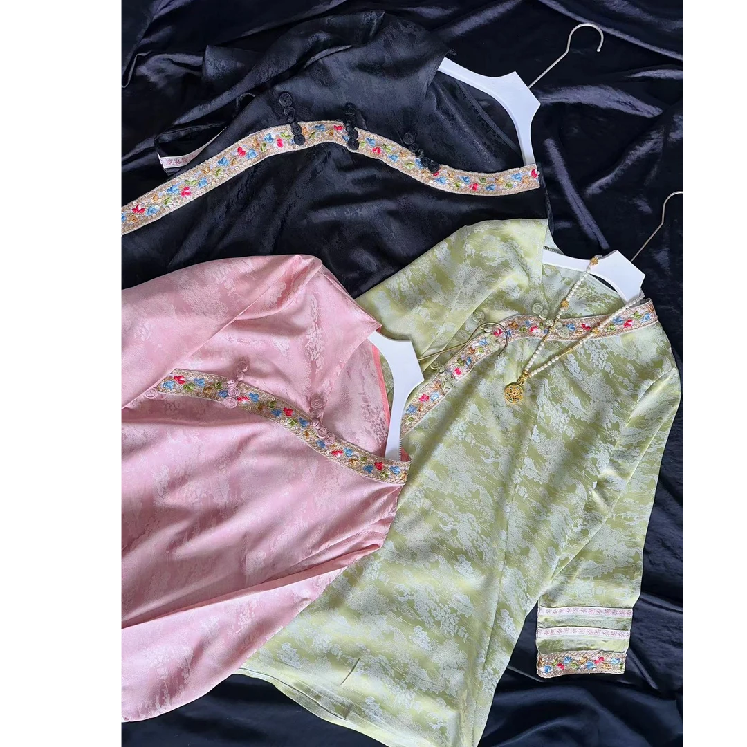 四色秋季新款格格服小衫新中式国风长袖百搭款气质织花刺绣衬衫